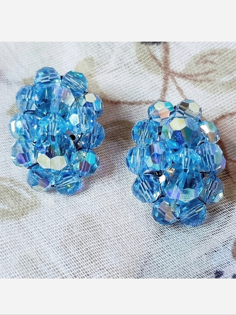 Vintage Aurora Borealis Blue Oval Crystal Clip On Earrings Wired On Unsigned